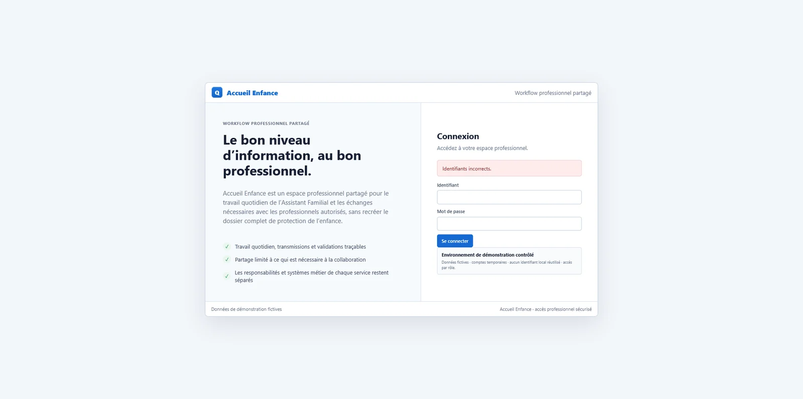Écran réel de connexion de l’environnement Accueil Enfance