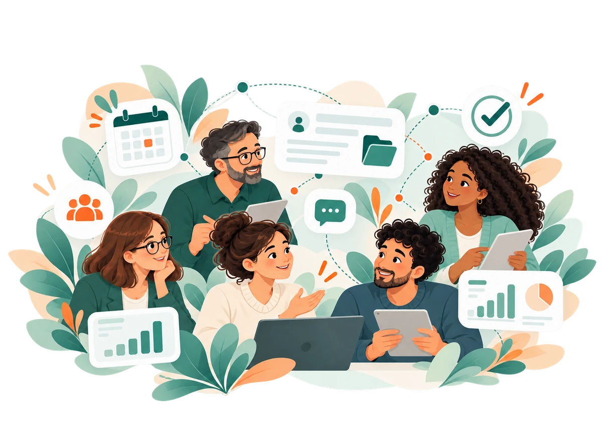 Illustration éditoriale des professionnels travaillant ensemble avec tableaux de bord, agenda, messages et documents